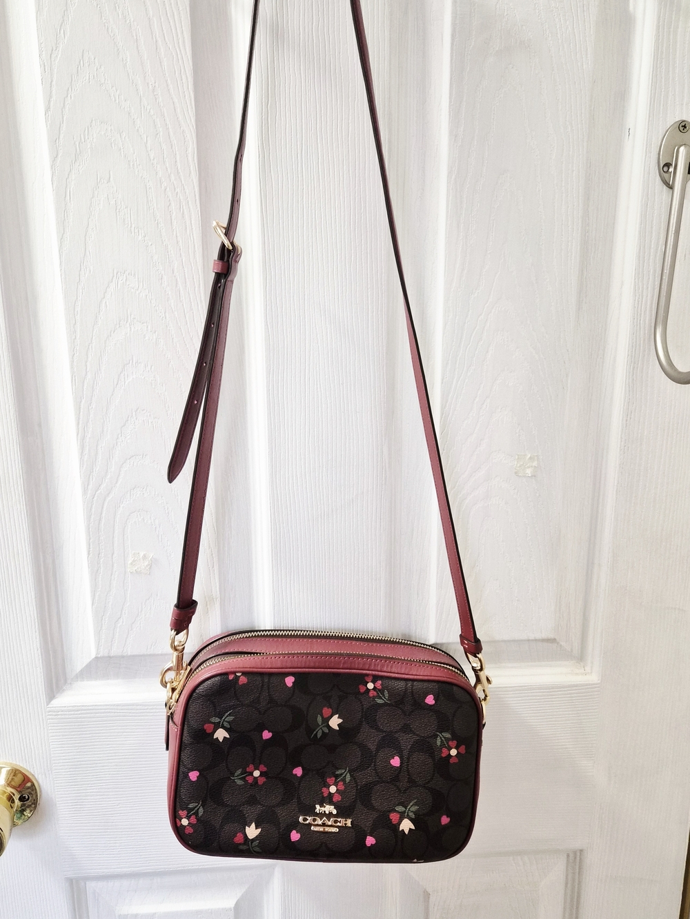 Coach Burgundy and Black Floral Signature Crossbody